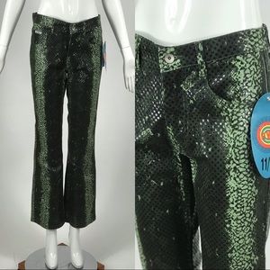 Vtg 90s Y2K NOS green snake wet look print flares